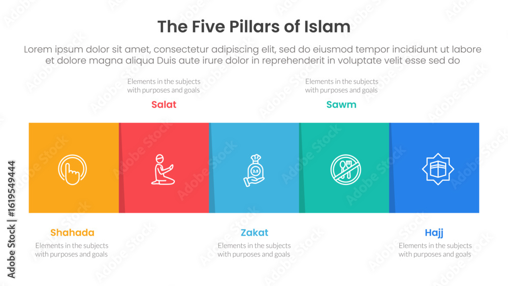 Poster five pillars of islam infographic template banner with square box horizontal right direction with 5 