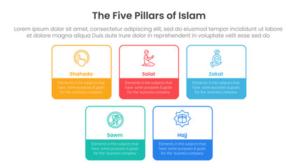 five pillars of islam infographic template banner with square rectangle box outline with 5 point list information for slide presentation