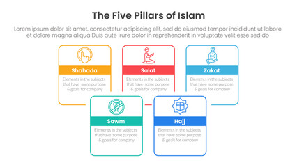 five pillars of islam infographic template banner with square rectangle box joined combine outline with 5 point list information for slide presentation