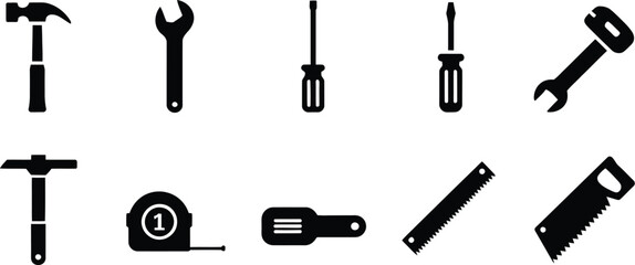 Naklejka premium Isolated black silhouette icons of various hand tools on a light gray background