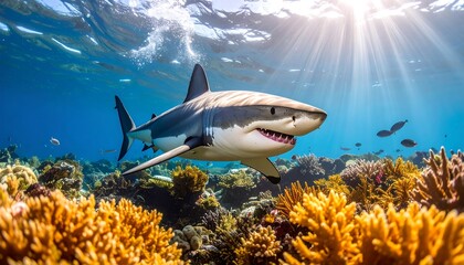 Obraz premium Great shark swimming over vibrant coral reef in sunlit ocean
