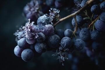 Frozen grapes on vine, after frost, dark background, viticulture, food or wine usage