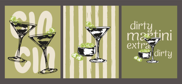 Retro Dirty Martini Cocktail Art with Olives - Vintage Bar Poster