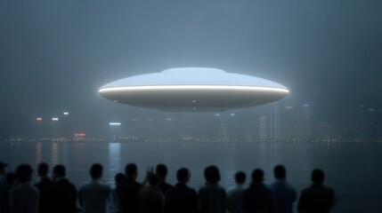 Mysterious alien ship hovers silently above city skyline during twilight hours. 3I/ATLAS