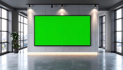 Modern room with large green screen