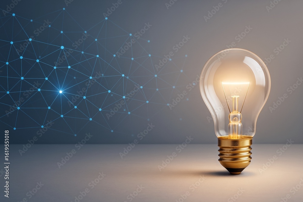Poster glowing light bulb on surface with abstract connected network dots on gradient background, symbolizi