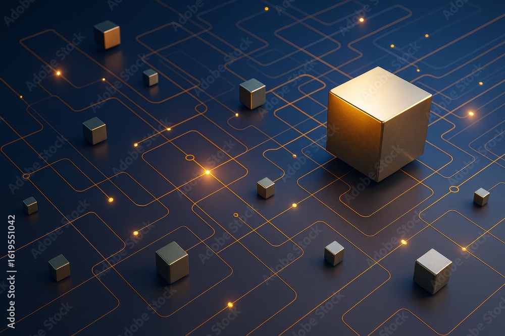 Poster abstract digital background with glowing circuit lines and metallic cubes on dark surface illustrati