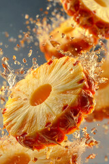 Dynamic shot of juicy pineapple rings with droplets frozen mid-air. Creative food photography.