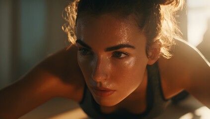 Focused young woman doing push-ups during an intense workout session