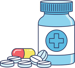 Stock vector illustration of medicine bottle with pills and capsules isolated