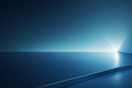 Minimalist futuristic blue background with glowing light on horizon and reflective surface for creative abstract concept designs.