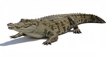 Fototapeta premium Large Crocodile Sunbathing on Bank Transparent Background