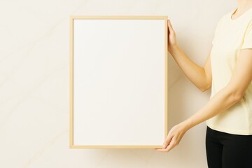 Woman holding vertical wooden frame with blank white poster for design mockup against light background. Creative template for branding concept.