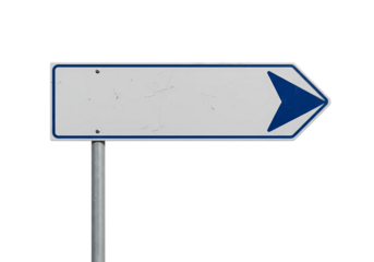 Blank Directional Signpost White Rectangular Road Sign with Blue Arrow Isolated on Black Background on Transparent background
