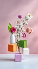 Whimsical Pastel 3D Shapes and Flowers Composition