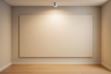 Empty beige canvas on wall under spotlight in minimalist room with wooden floor and neutral tones for art mockup or branding concept background.