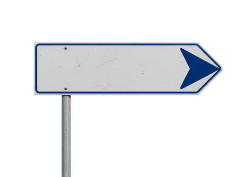 Blank Directional Signpost White Rectangular Road Sign with Blue Arrow Isolated on Black Background on Transparent background
