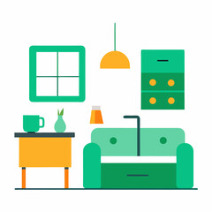 Living room with green furniture vector on white background.