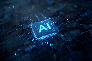 AI logo on a circuit board background with glowing blue and black lines, a high-tech digital illustration,