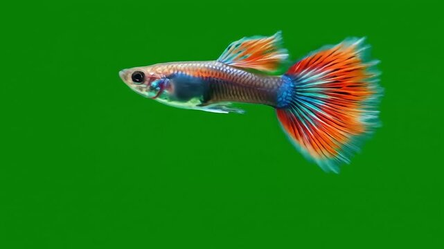 Brightly colored guppy swimming in a vibrant green aquatic environment