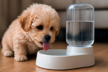 Adorable maltipoo puppy drinks water from an automatic dispenser. The image symbolizes care for the pet, convenience of modern pet products. For articles, advertising about pets, pet products
