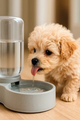Cute puppy maltipoo drinks water from an automatic dispenser. TSymbolizes care for the pet, convenience of modern pet products. For articles, advertising about pets, dog breeds, or pet products