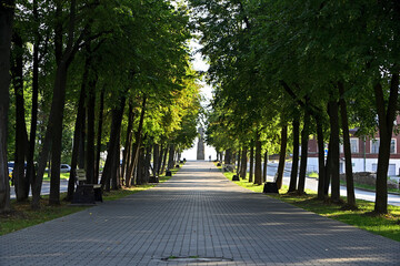 View from Molochnaya Gora street to the monument to Ivan Susanin in the ancient city of Kostroma.