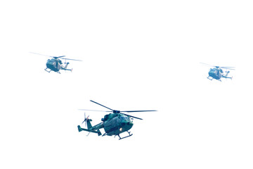 Military helicopter air attack by a squadron on isolated white background