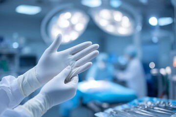 A medical professional prepares for surgery with gloves, set against a surgical backdrop, highlighting precision in healthcare settings.

