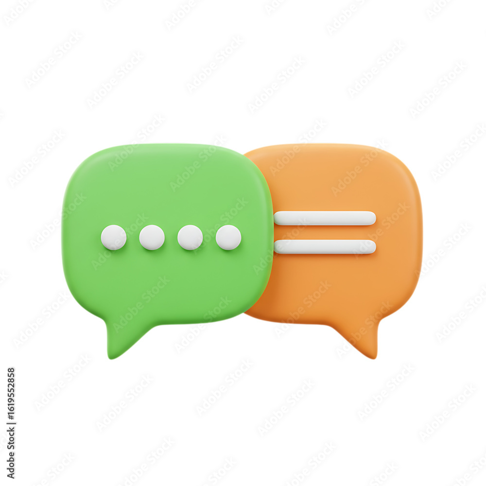 Poster two speech bubbles overlapping green and orange on transparent background