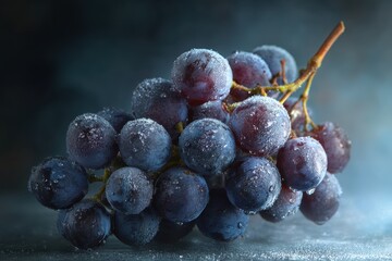 Fresh purple grapes close-up with water droplets on table, textured background