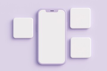 Minimalistic phone mockup on a pastel purple surface surrounded by soft white square elements