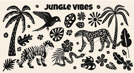 Collection of wild jungle animals, exotic flowers, tropical  plants cartoon vector stickers elements in groovy funky monochrome style with illustration of tiger, cheetah, leopard, snake, parrot, palm