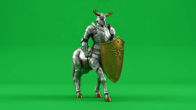 Centaur knight in silver armor with gold shield on green backdrop