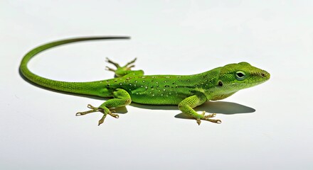 Fototapeta premium Green Lizard Basking on Isolated Pure White Background