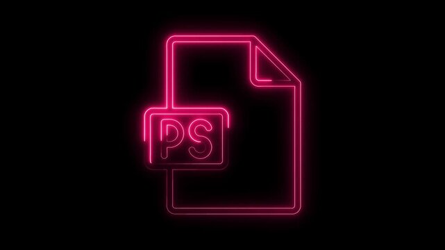 Vibrant pink neon P S file icon glowing brightly on a dark background representing digital design software