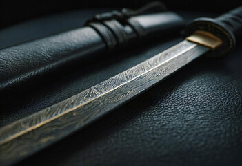 日本刀のディテールと黒漆塗りの鞘