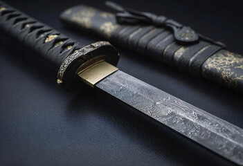 日本刀のディテールと黒漆塗りの鞘