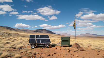 Solar panels on trailer with flag and green box in desert landscape under a cloudy blue sky scene .