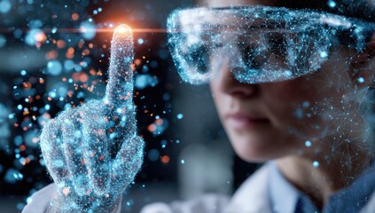 Woman in VR glasses touches digital interface