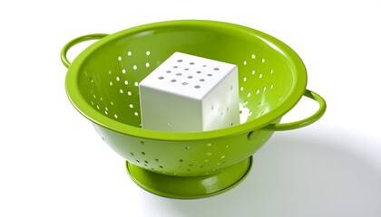 Green colander with white cube