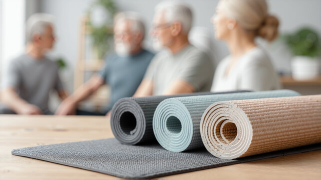Close-Up on Empty Gray Rubberized Table with Textured Grip in Modern Wellness Studio, Featuring Blurred Elder People Stretching and Doing Seated Exercises in Background, for Longevity Activity Concept