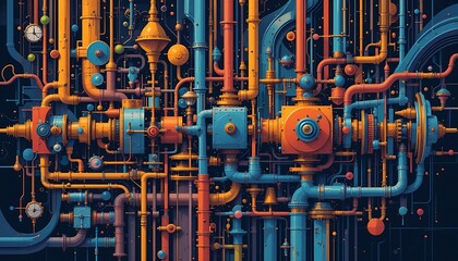 Simon's vibrant abstract machine drawing featuring intricate geometric shapes and pipes