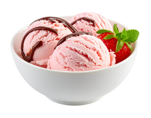 strawberry ice cream scoop with melted chocolate in bowl isolated on transparent png