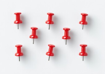 Nine red pushpins on white background