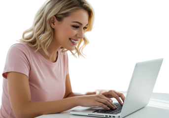 Smiling Woman Working on Laptop on Transparent background