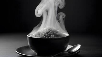 Steaming Tapioca Pearls in Dark Bowl, Monochrome Mood