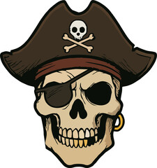 Vintage Style Pirate Skull with Eye Patch, Gold Tooth, and Tricorne Hat