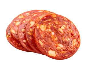 Sliced Spanish pork chorizo sausage isolated on transparent png