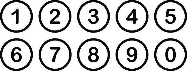 Black Number Icons from Zero to Nine in Circles, Ideal for Countdowns, Lists, Step-by-Step Instructions, and Educational Content, Flat Vector Illustration